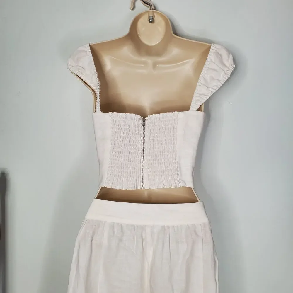 Reformation Clyde 100% Linen Two Piece Crop Top Midi Skirt Set White Size 10